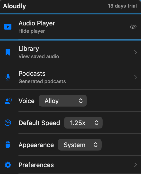 Aloudly Dropdown Menu - Quick access to all features and settings